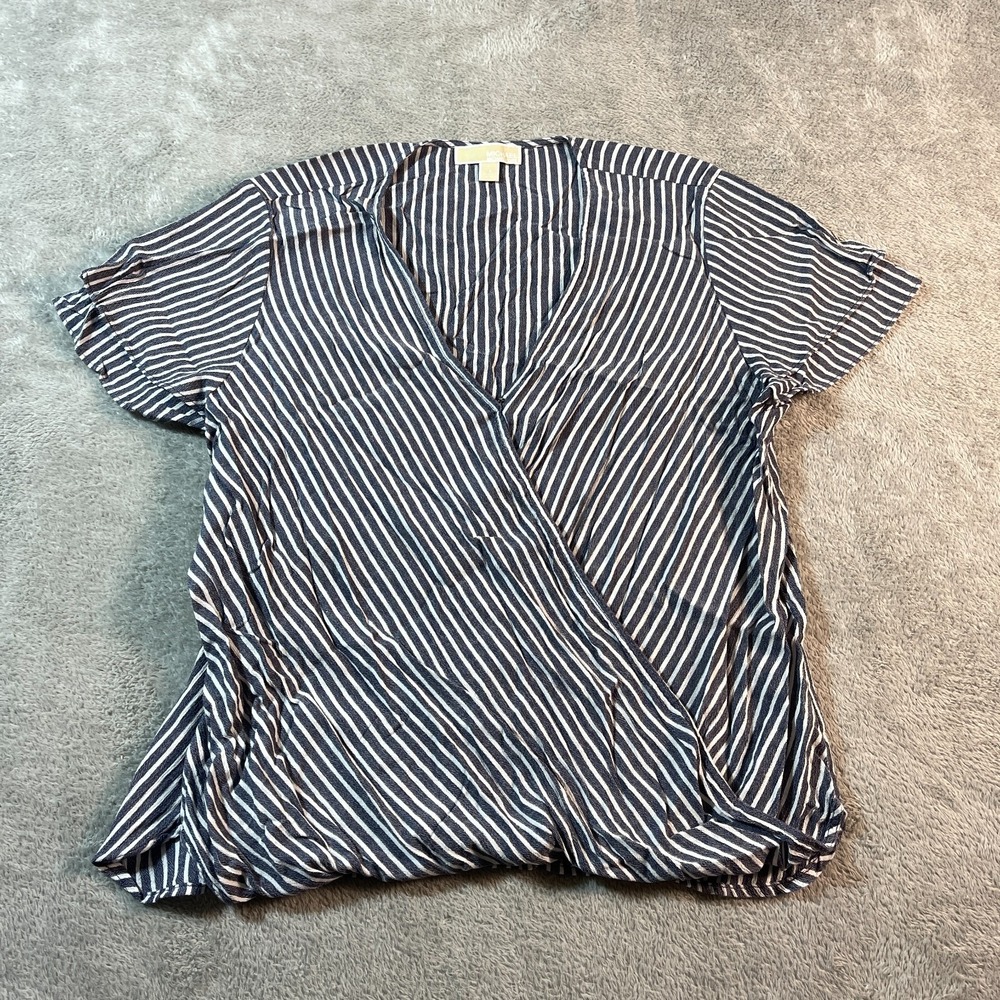 Michael Kors Striped Wrap Top‎ Blouse Navy Blue White Short Sleeve